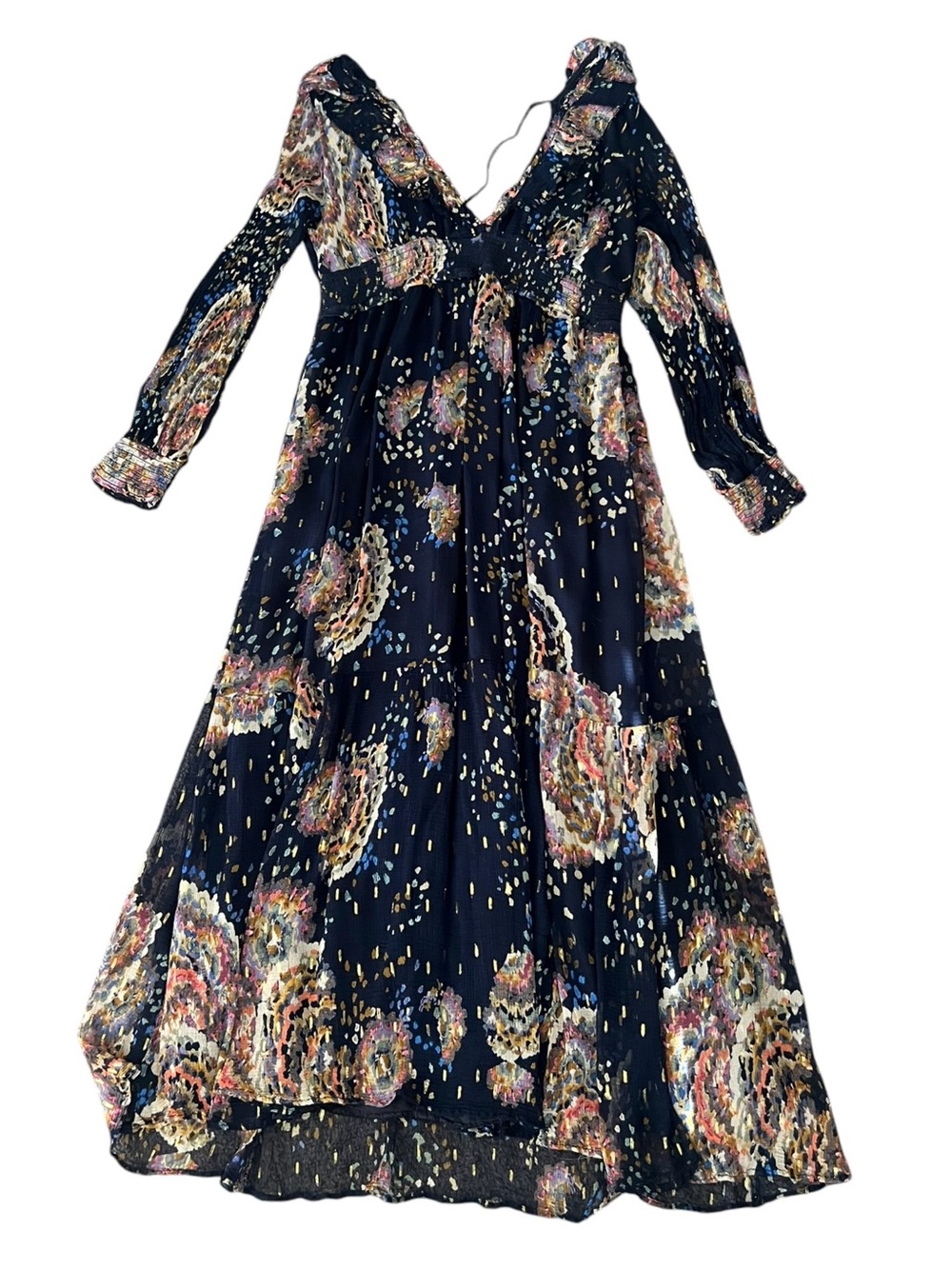 Anthropologie Women’s Smocked V-Neck Metallic Abstract Ruffle Blue Maxi Dress XL - Picture 15 of 16